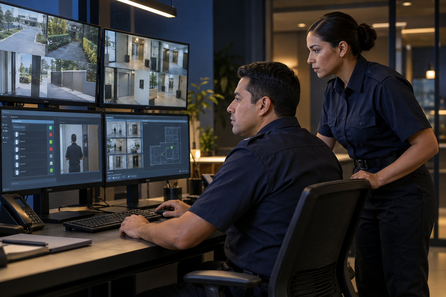 Personal de seguridad supervisando cámaras y sistemas de control de acceso